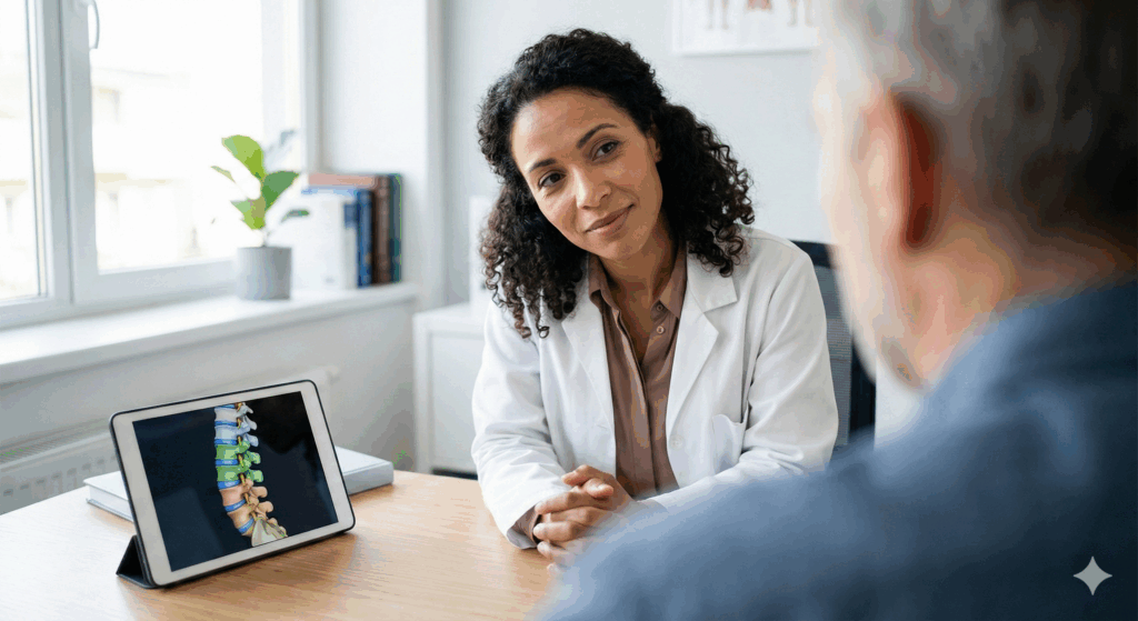Médico realizando atendimento humanizado em consulta particular, focado na experiência do paciente.