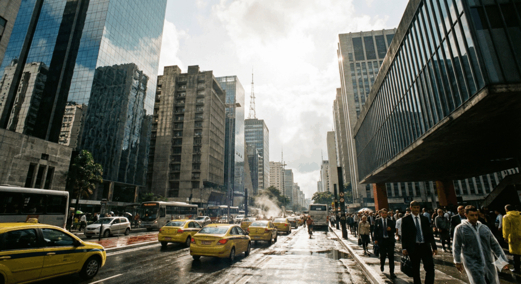 Fachada de edifício corporativo moderno representando advocacia empresarial de elite e marketing jurídico de performance