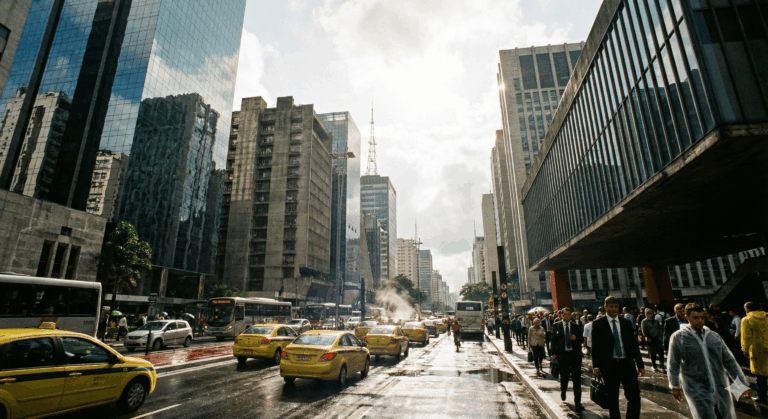 Fachada de edifício corporativo moderno representando advocacia empresarial de elite e marketing jurídico de performance