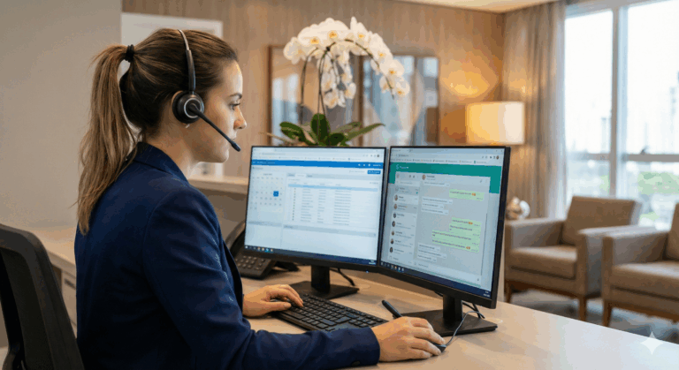 Secretária médica utilizando headset e computador para realizar atendimento de alta performance e agendamento de consultas via WhatsApp.
