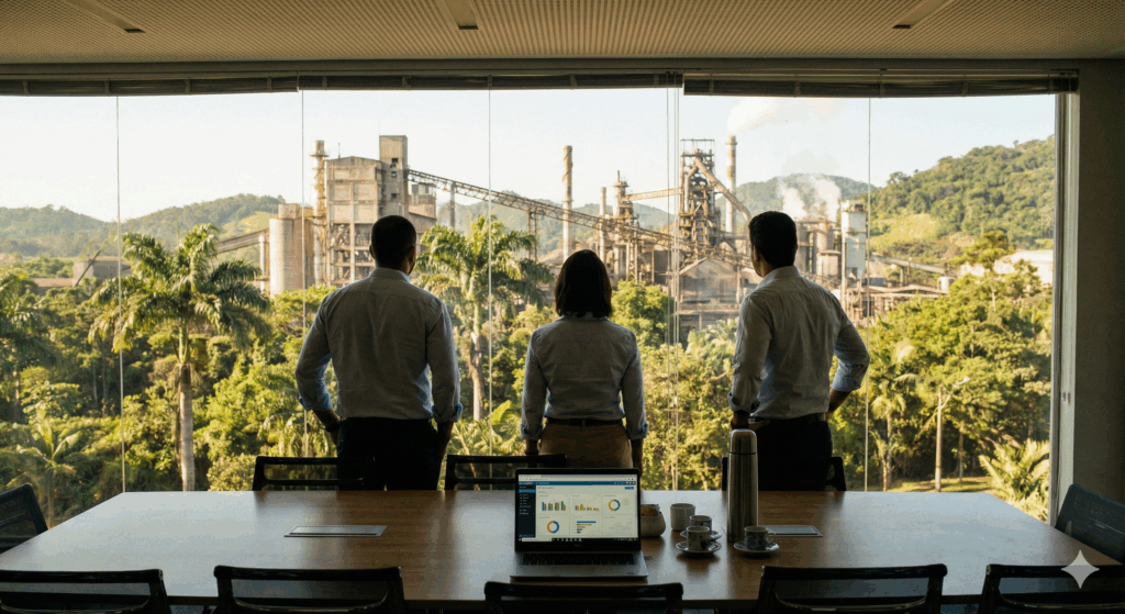 Estratégia de ABM para Indústrias sendo discutida por executivos com vista para linha de produção automatizada