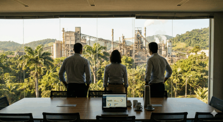 Estratégia de ABM para Indústrias sendo discutida por executivos com vista para linha de produção automatizada