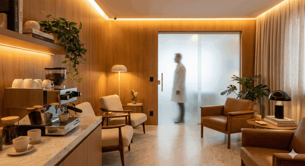 Recepção de clínica médica de alto padrão projetada para médicos em transição para o consultório particular.