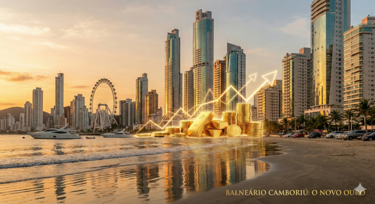 Conceito de investimento imobiliário de alto padrão mostrando os arranha-céus de Balneário Camboriú refletidos em barras de ouro, simbolizando a valorização do metro quadrado.