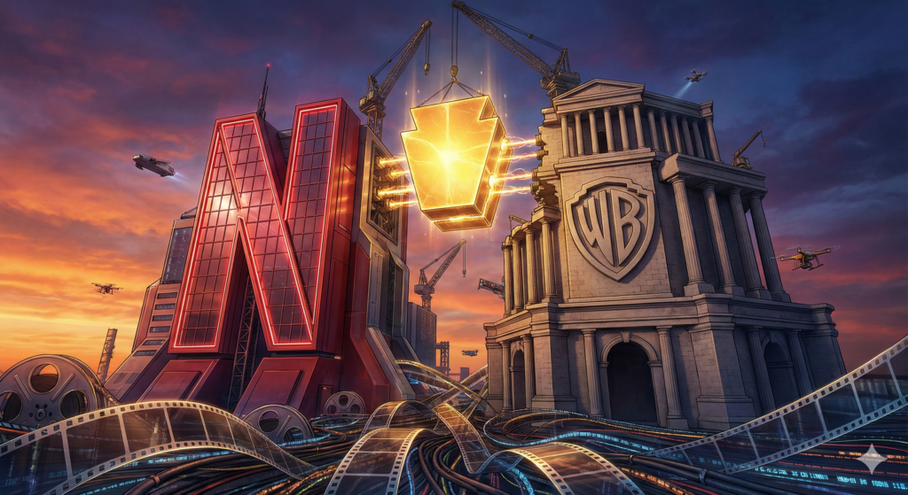 Ilustração conceitual de negócios mostrando a fusão da Netflix e Warner Bros como a construção de uma fortaleza corporativa inexpugnável de ativos digitais e propriedade intelectual.