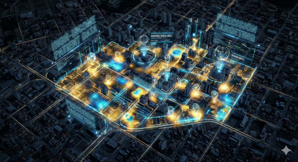 Mapa de calor digital mostrando a concentração de renda e pacientes no bairro Batel, Curitiba