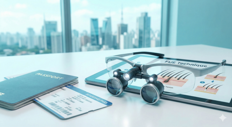Conceito de turismo médico para transplante capilar, mostrando passaporte, bilhete aéreo e lupa sobre folículos capilares saudáveis, simbolizando a viagem para tratamento estético.