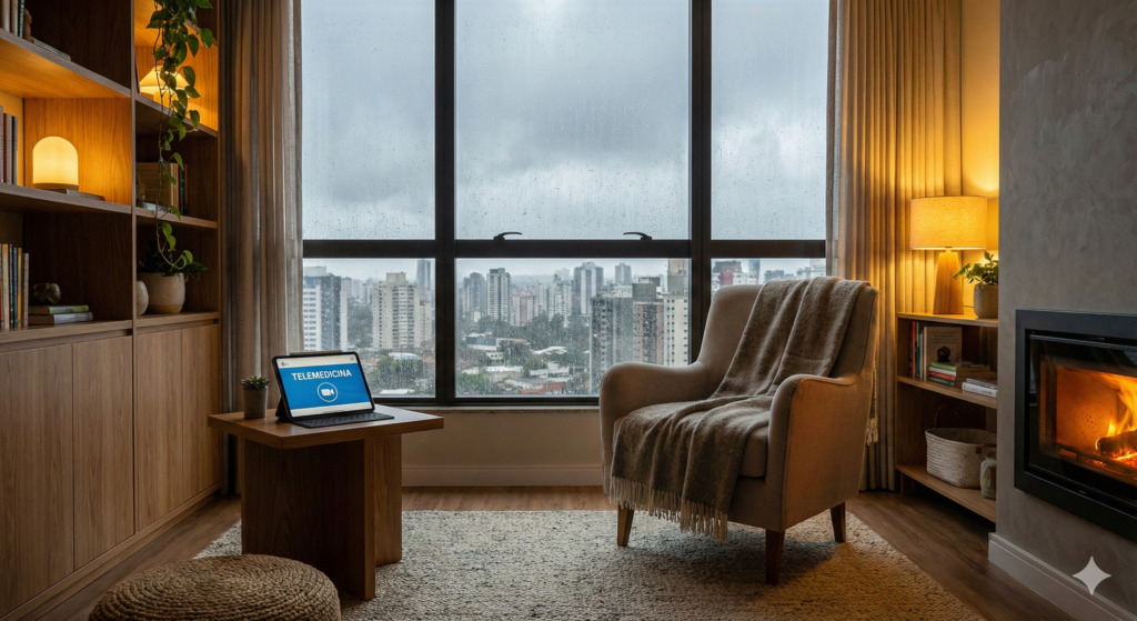 Conceito de psiquiatria humanizada mostrando um consultório acolhedor em Curitiba com luz suave contrastando com o dia nublado lá fora, simbolizando clareza mental