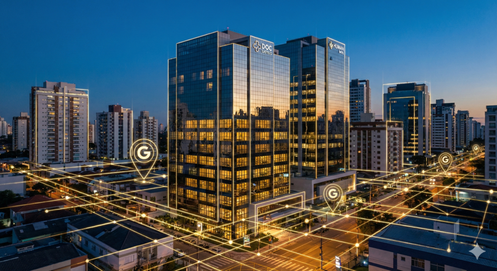 Conceito de marketing médico em Curitiba, mostrando os edifícios icônicos do bairro Batel (como DOC e Human) conectados por linhas de dados digitais douradas, simbolizando autoridade e tecnologia