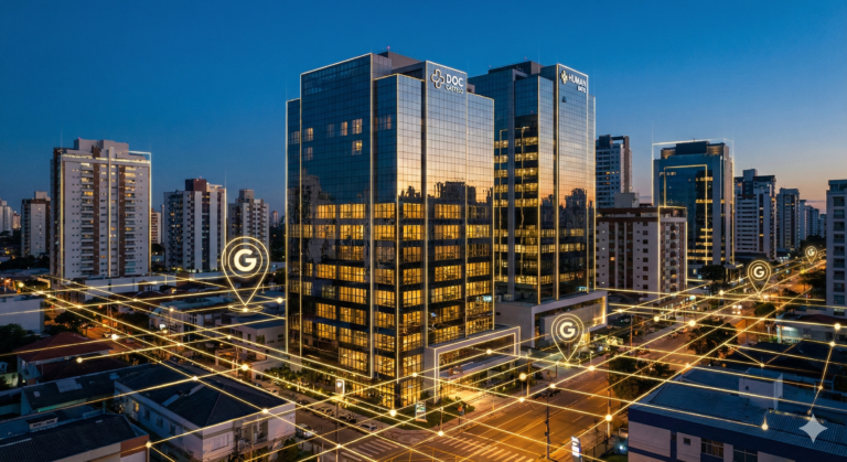 Conceito de marketing médico em Curitiba, mostrando os edifícios icônicos do bairro Batel (como DOC e Human) conectados por linhas de dados digitais douradas, simbolizando autoridade e tecnologia