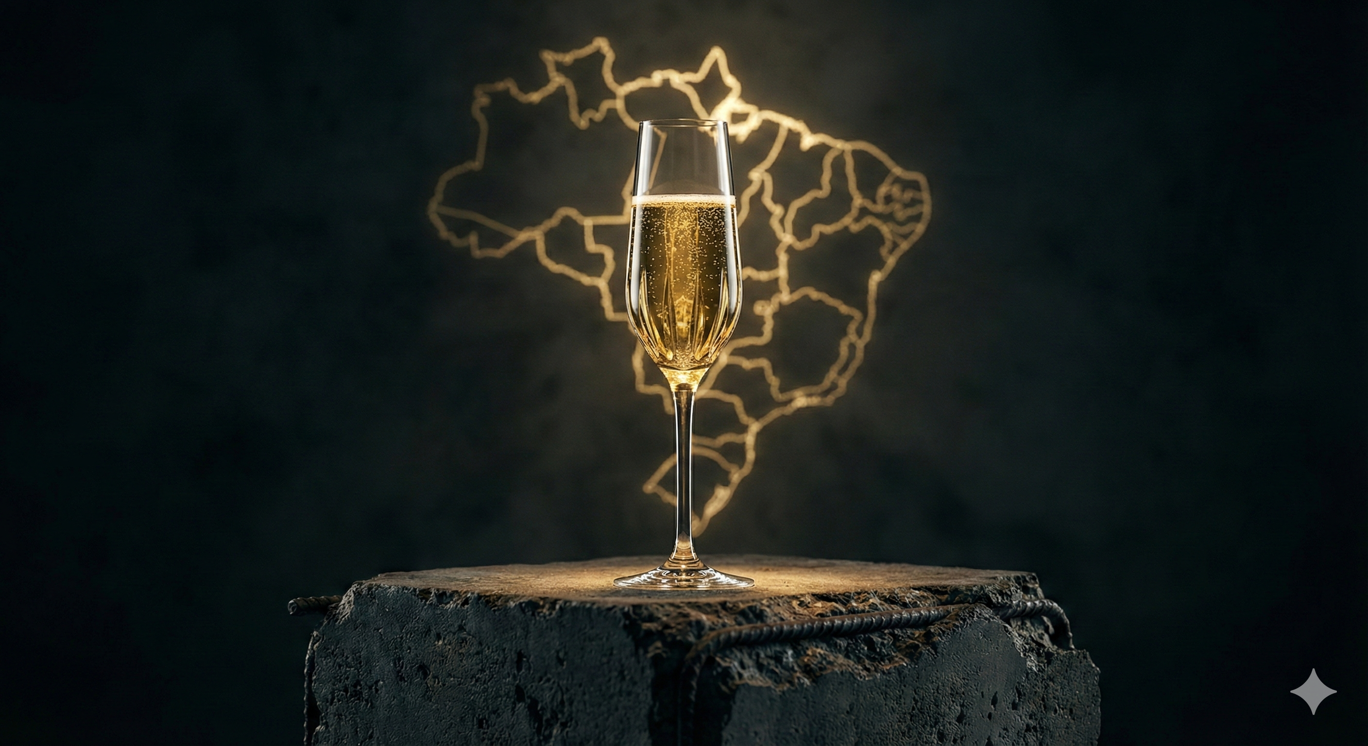 Conceito de Valor Percebido ilustrado por taça de espumante brasileiro premiado sobre base industrial.