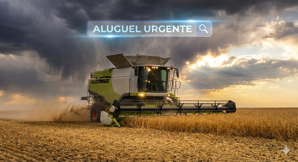 Conceito de marketing para agronegócio mostrando colheitadeira operando sob nuvens de tempestade, simbolizando a janela de colheita curta, com sobreposição de interface digital de busca.