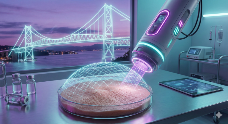 Conceito de marketing para dermatologia em Florianópolis, mostrando a Ponte Hercílio Luz estilizada ao fundo e, em primeiro plano, uma interface digital de análise de pele (laser) simbolizando tecnologia médica.