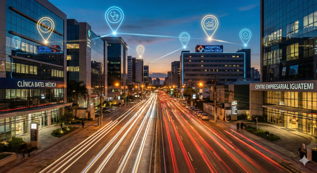 Avenida Visconde de Guarapuava em Curitiba, eixo de clínicas médicas e corporativo.