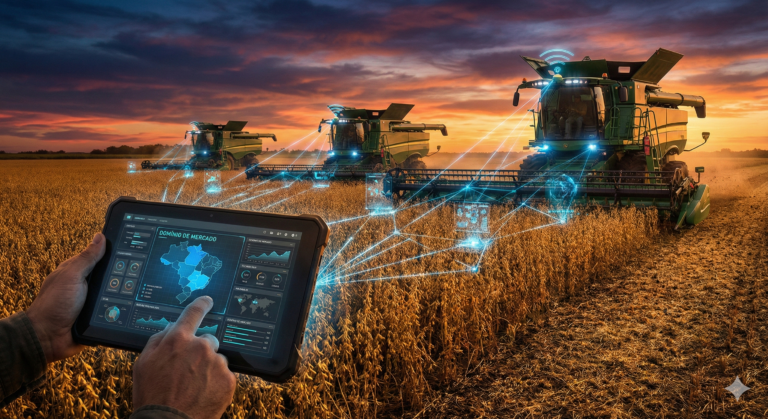 Ilustração conceitual mostrando um tablet com dados de Growth Hacking controlando remotamente uma frota de colheitadeiras em uma plantação de soja ao pôr do sol