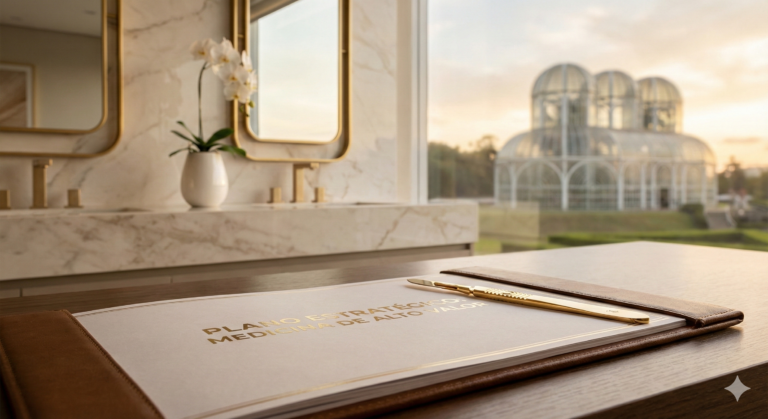 Conceito de marketing médico de alto padrão em Curitiba, mostrando silhueta feminina elegante e instrumentos cirúrgicos dourados sobremesa de mármore, simbolizando valorização.